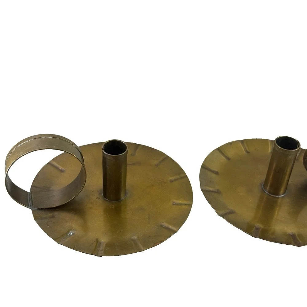 Pair Vintage Solid Brass Chamberstick Candle Holders Primitive Finger Loop Pan